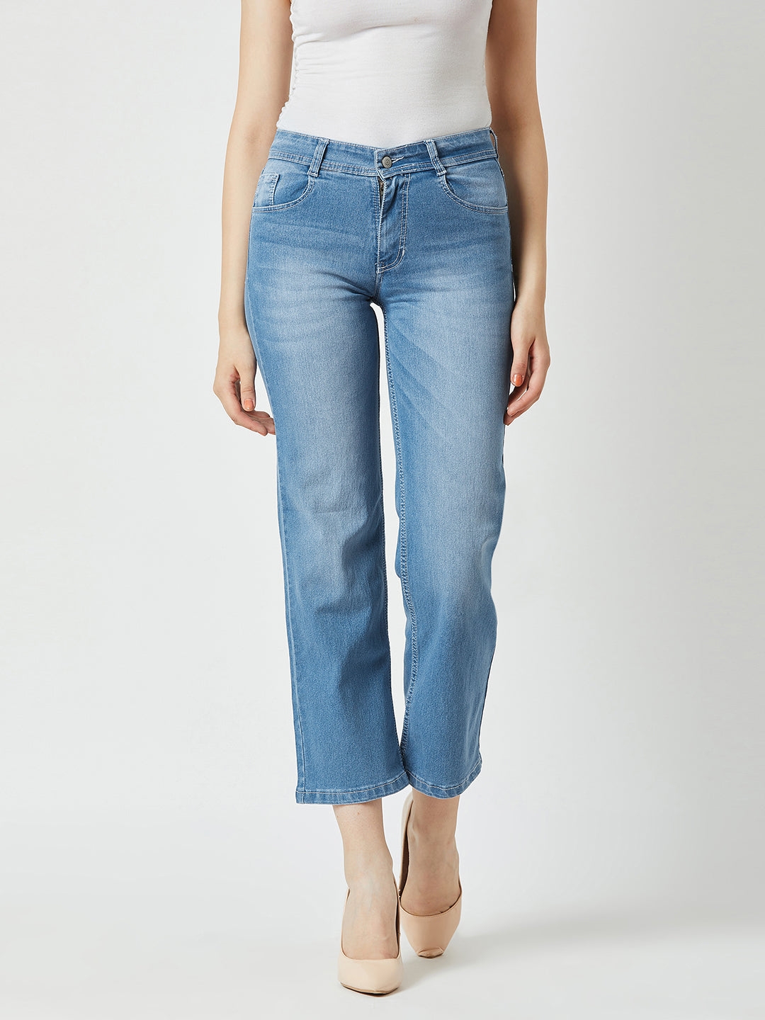 MISS CHASE | Light Blue Wide-Leg fit Mid Rise Regular Length Stretchable Denim Jeans