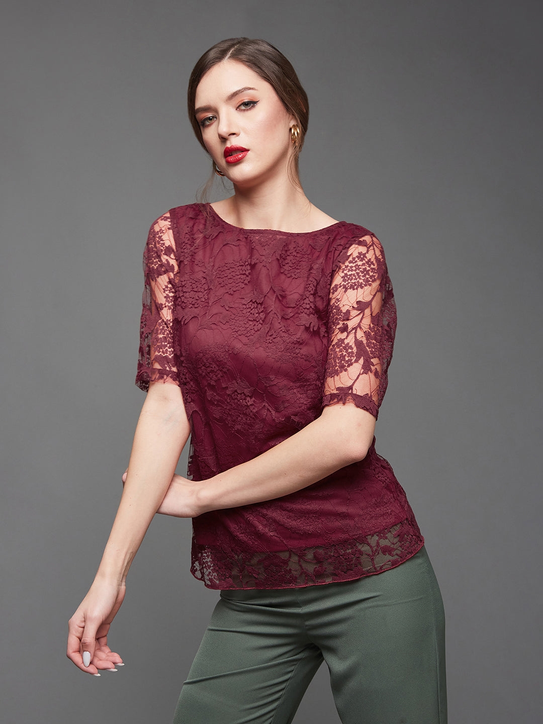 MISS CHASE | Maroon Relaxed Fit  Regular Lace Top