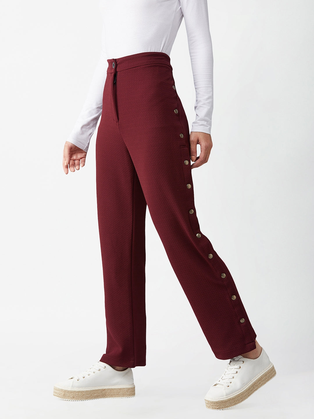 Wine Red Solid Regular Fit Flared Trouser