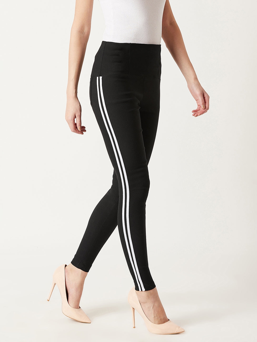 MISS CHASE | Black Solid High Waist Skinny Regular Length Black and White Twill Tape Detailing Jeggings