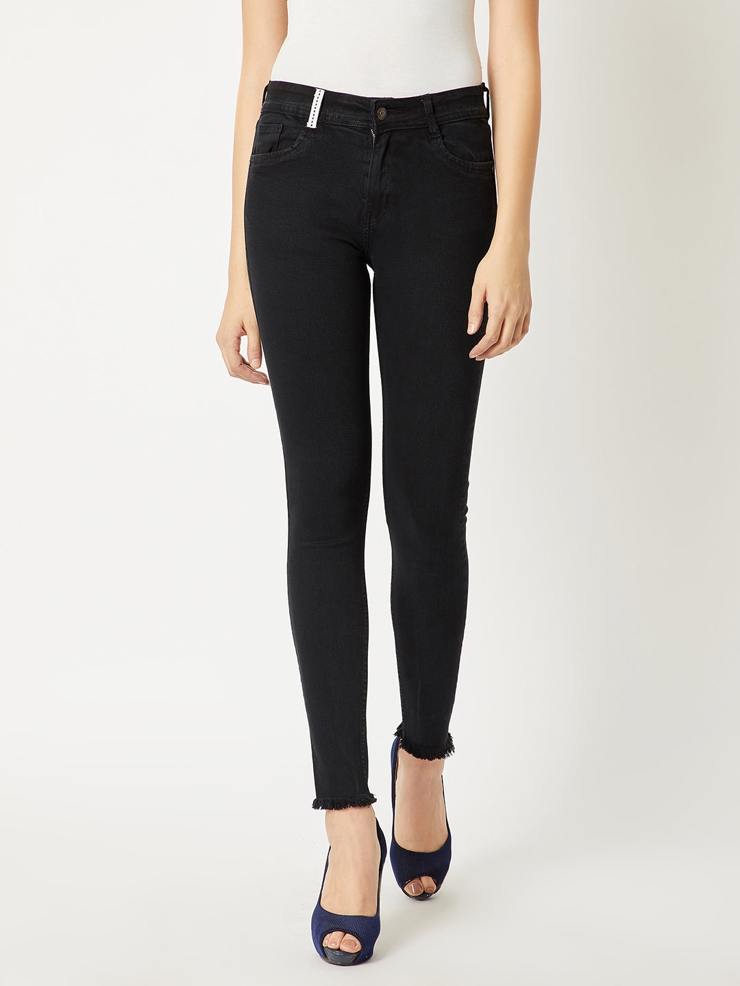 MISS CHASE | Black Solid Skinny Knitted Twill Tape Detailing Regular Length High Waist Jeggings