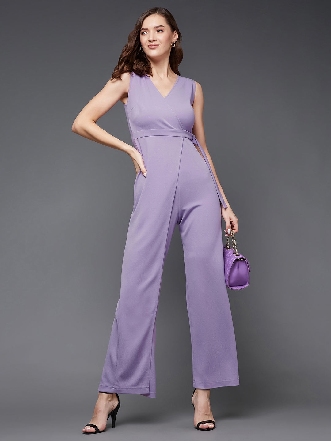Light Lavender V-Neck Sleeveless Solid Wrap Regular Length Jumpsuit