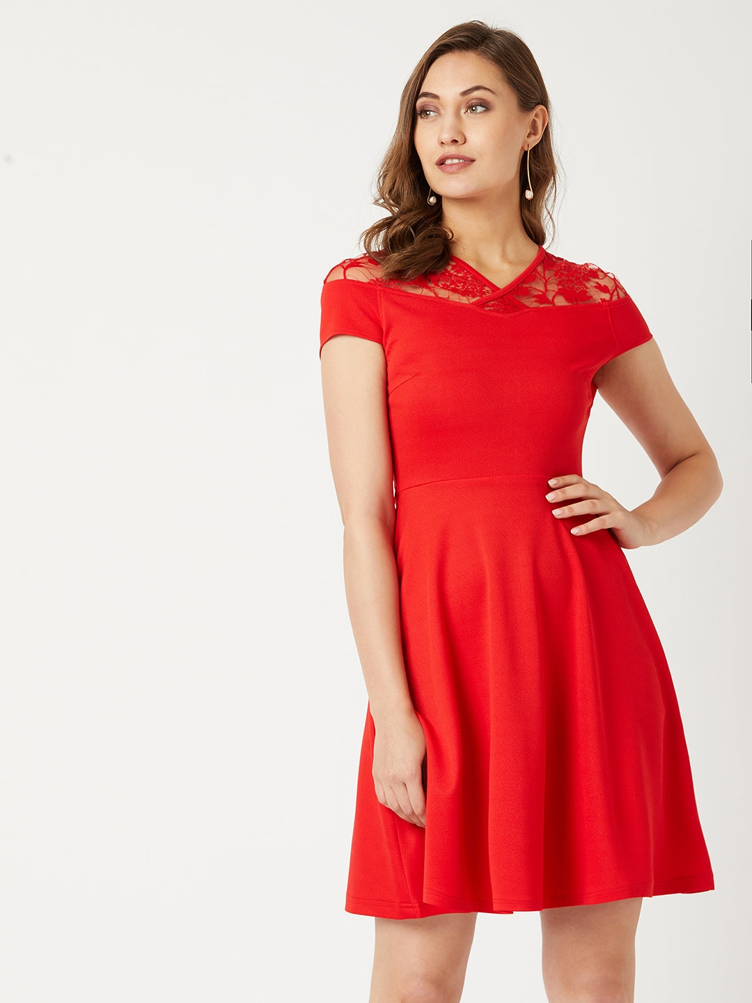 MISS CHASE | Red V-Neck Cap Sleeves Floral Skater Knee Length Dress