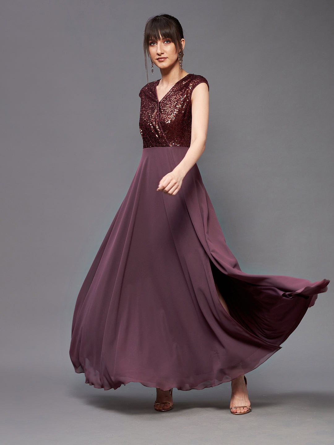 MISS CHASE | Mauve & Wine V-Neck Sleeveless Embellished Wrap Maxi Dress
