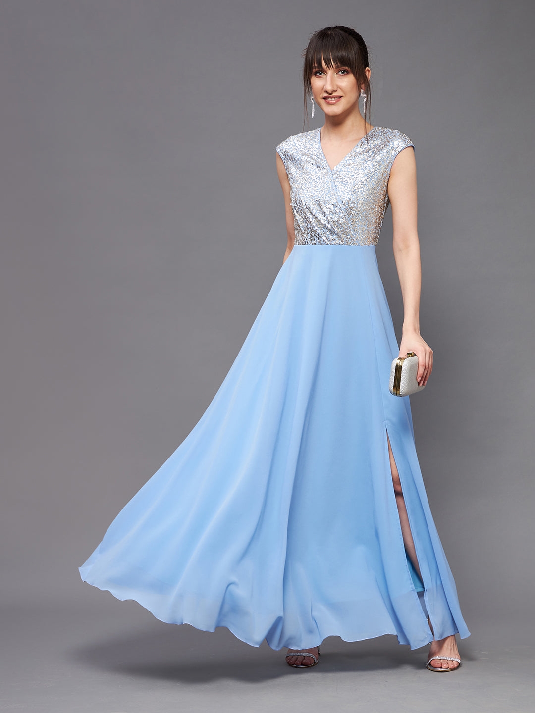 Sky Blue & Golden V-Neck Sleeveless Embellished Wrap Maxi Dress