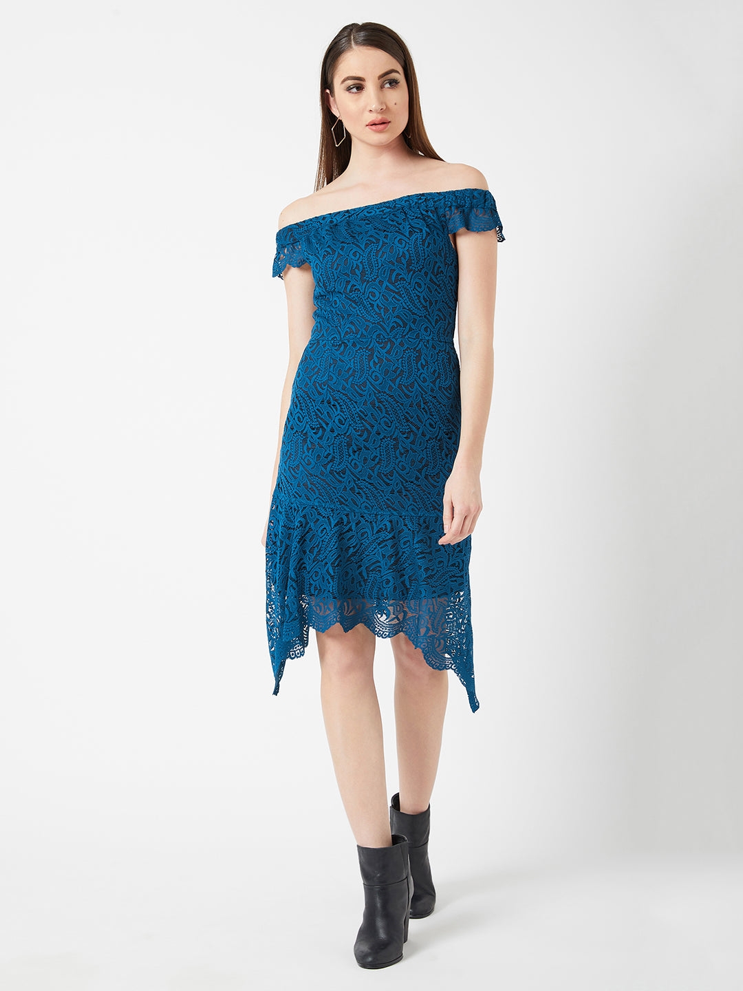 MISS CHASE | Women's Blue Lace EmbroideredEveningwear Asymmetric Dress