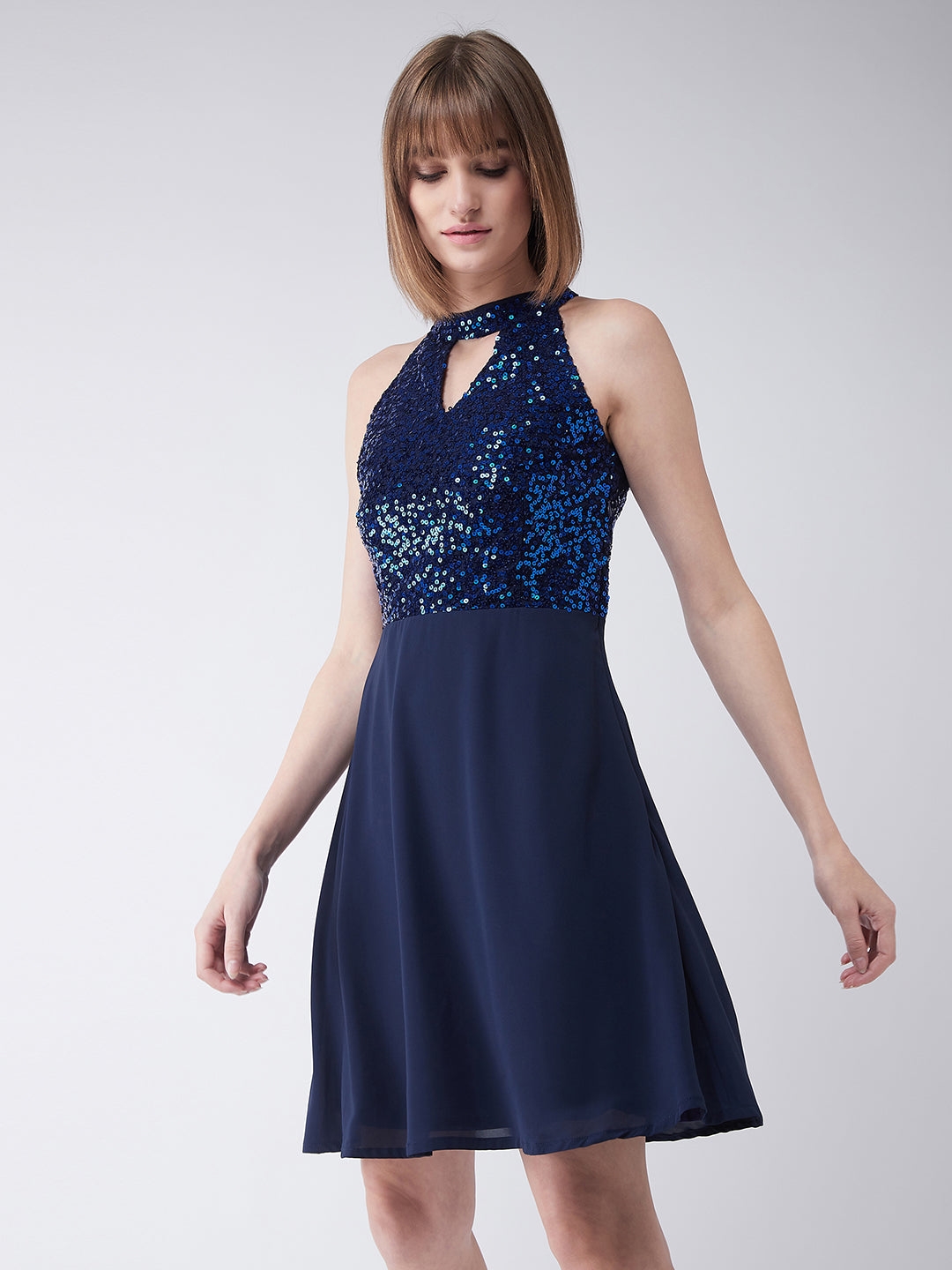 MISS CHASE | Navy Blue Round Neck Sleeveless Solid Sequin Flowy Knee-Long Skater Dress