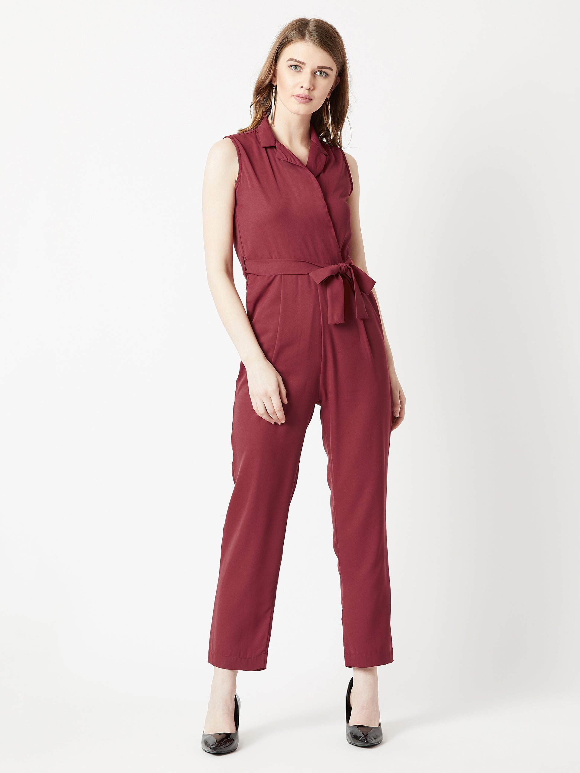 Maroon V-Neck Sleeveless Straight Leg Tie-Up Solid Belted Wrap Jumpsuit