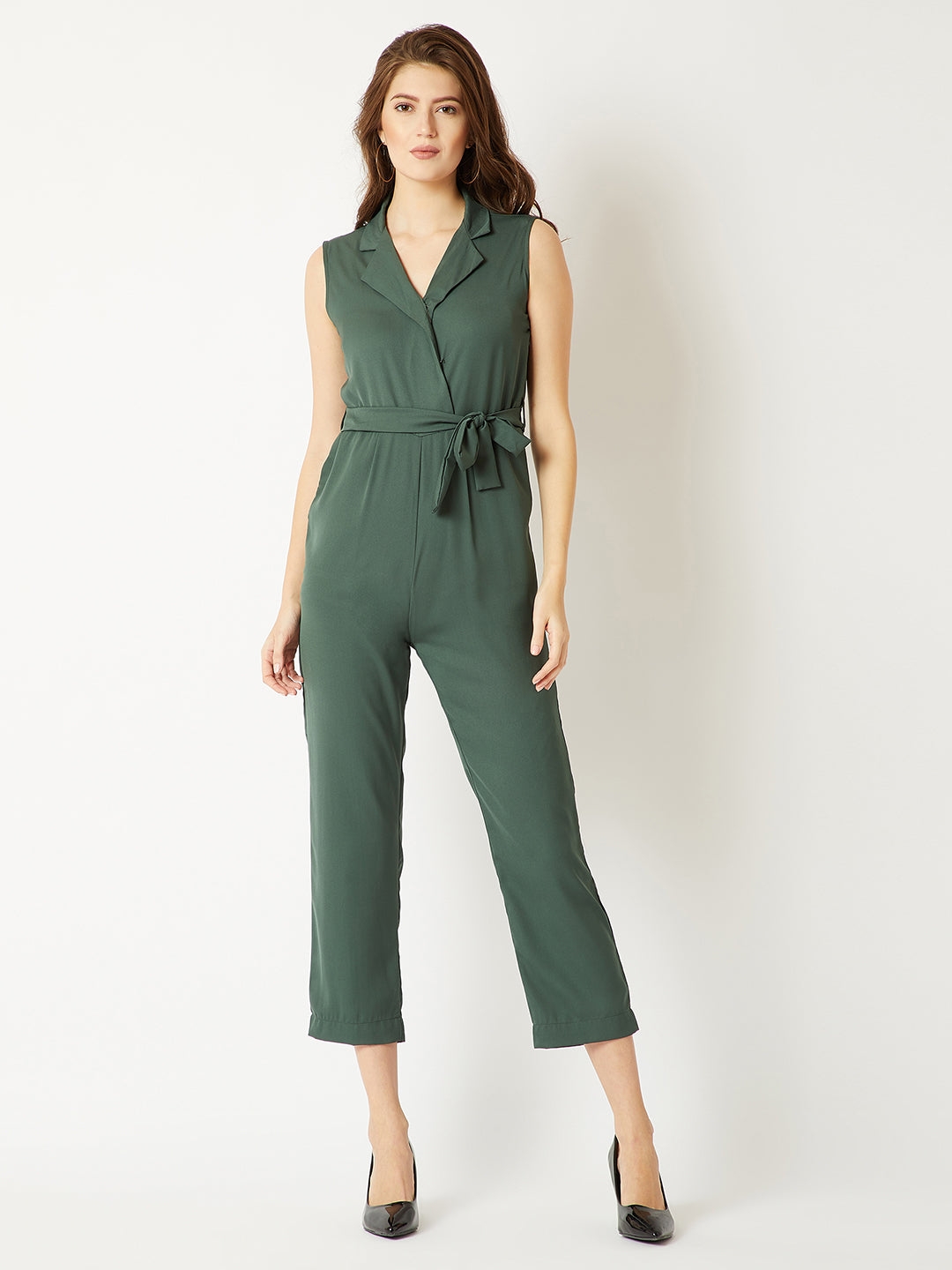 Dark Green V-Neck Sleeveless Straight Leg Tie-Up Solid Belted Wrap Jumpsuit