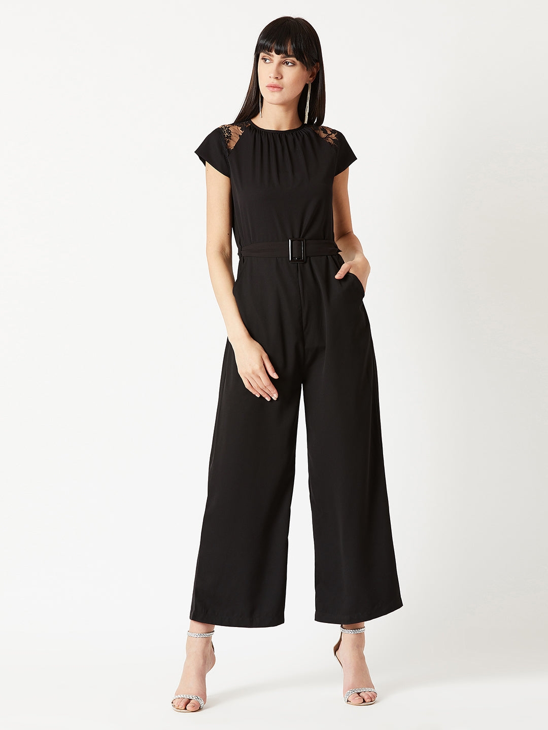 MISS CHASE | Black Round Neck Cap Sleeve Solid Straight Leg Belted Maxi Jumpsuit