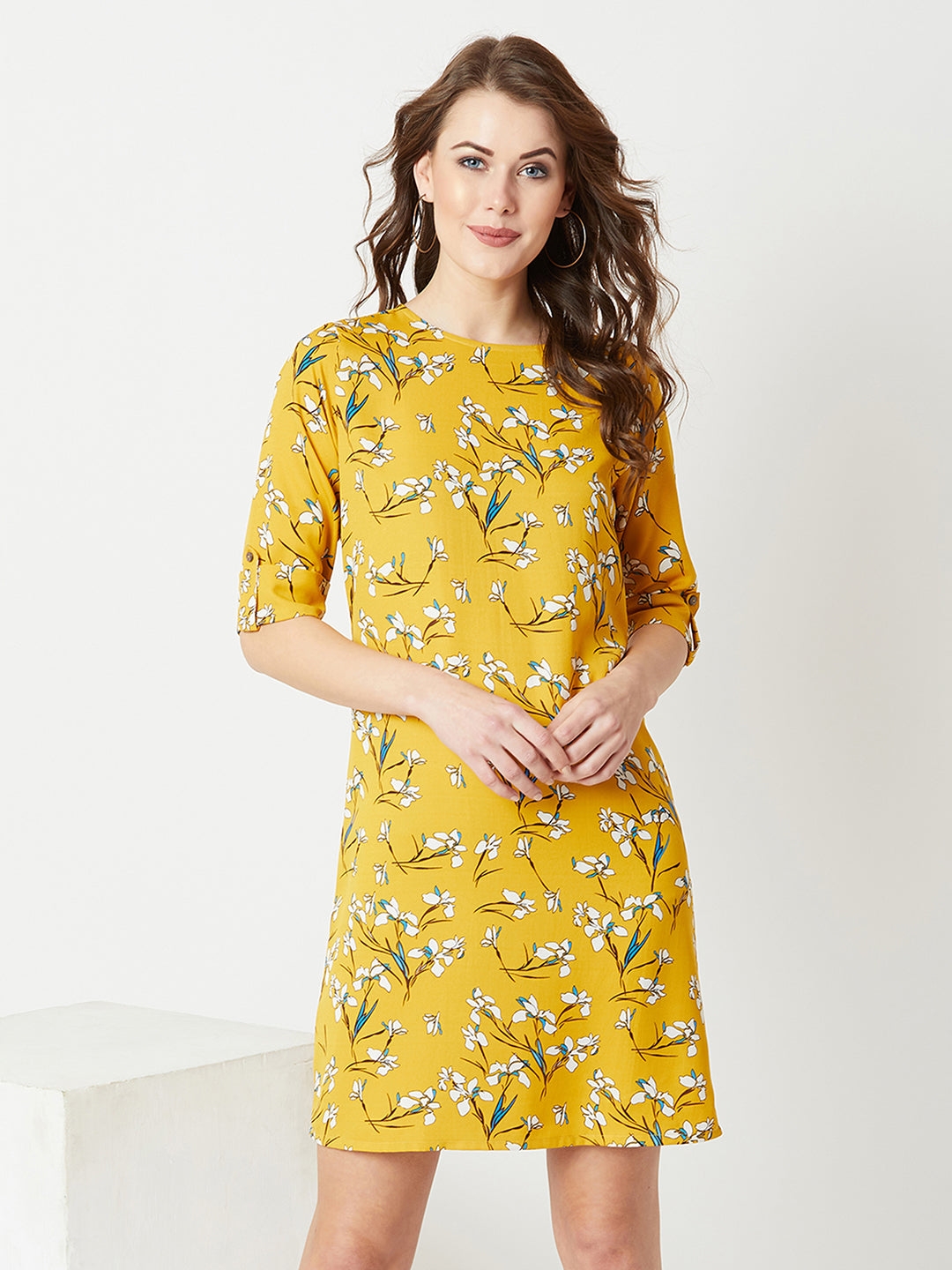 Multicolored With A Yellow Base Round Neck 3/4 Sleeve Floral Knee-Long Shift Dress
