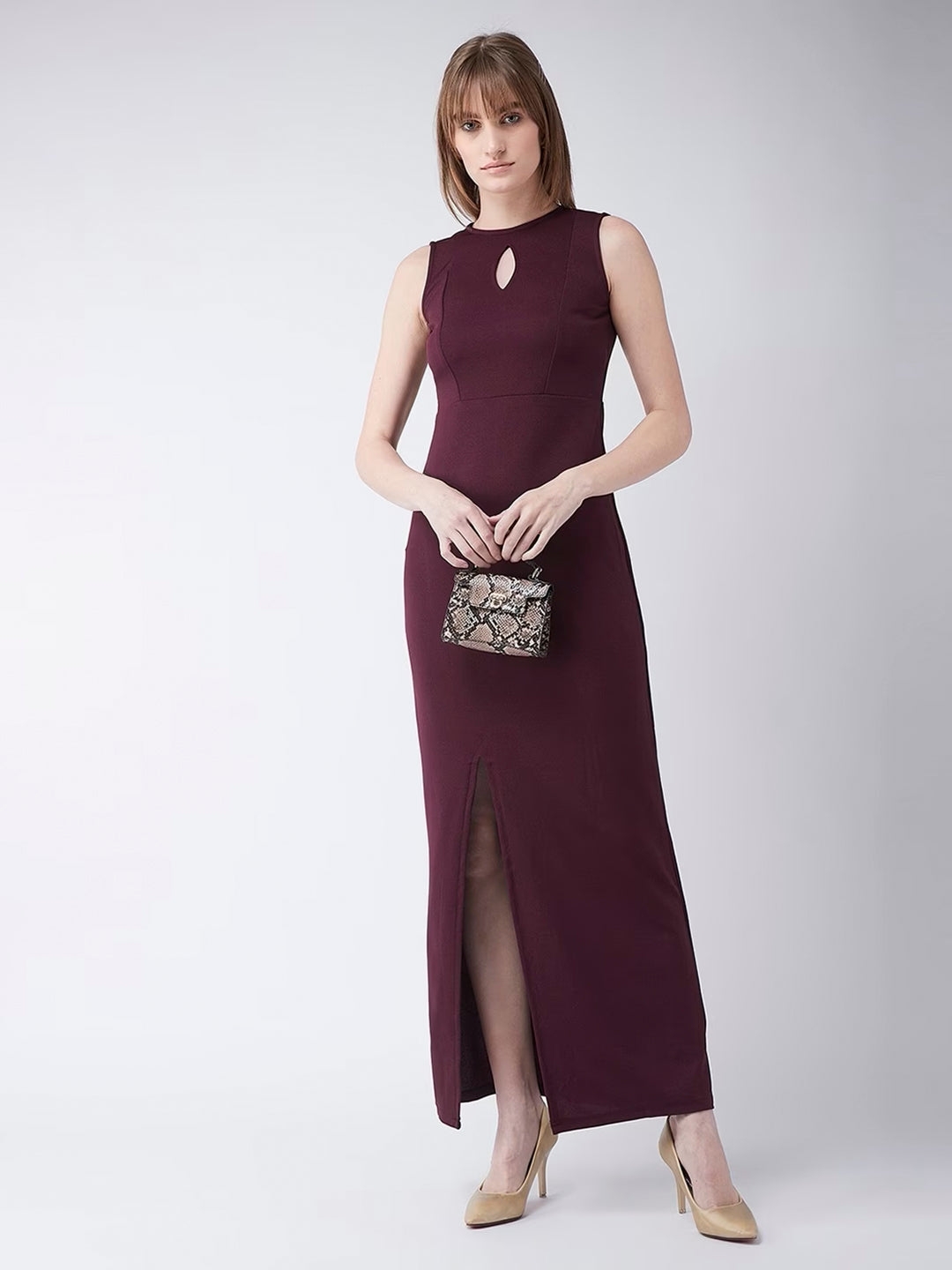 Wine Red Round Neck Sleeveless Solid Bodycon Slit Detailing Maxi Dress