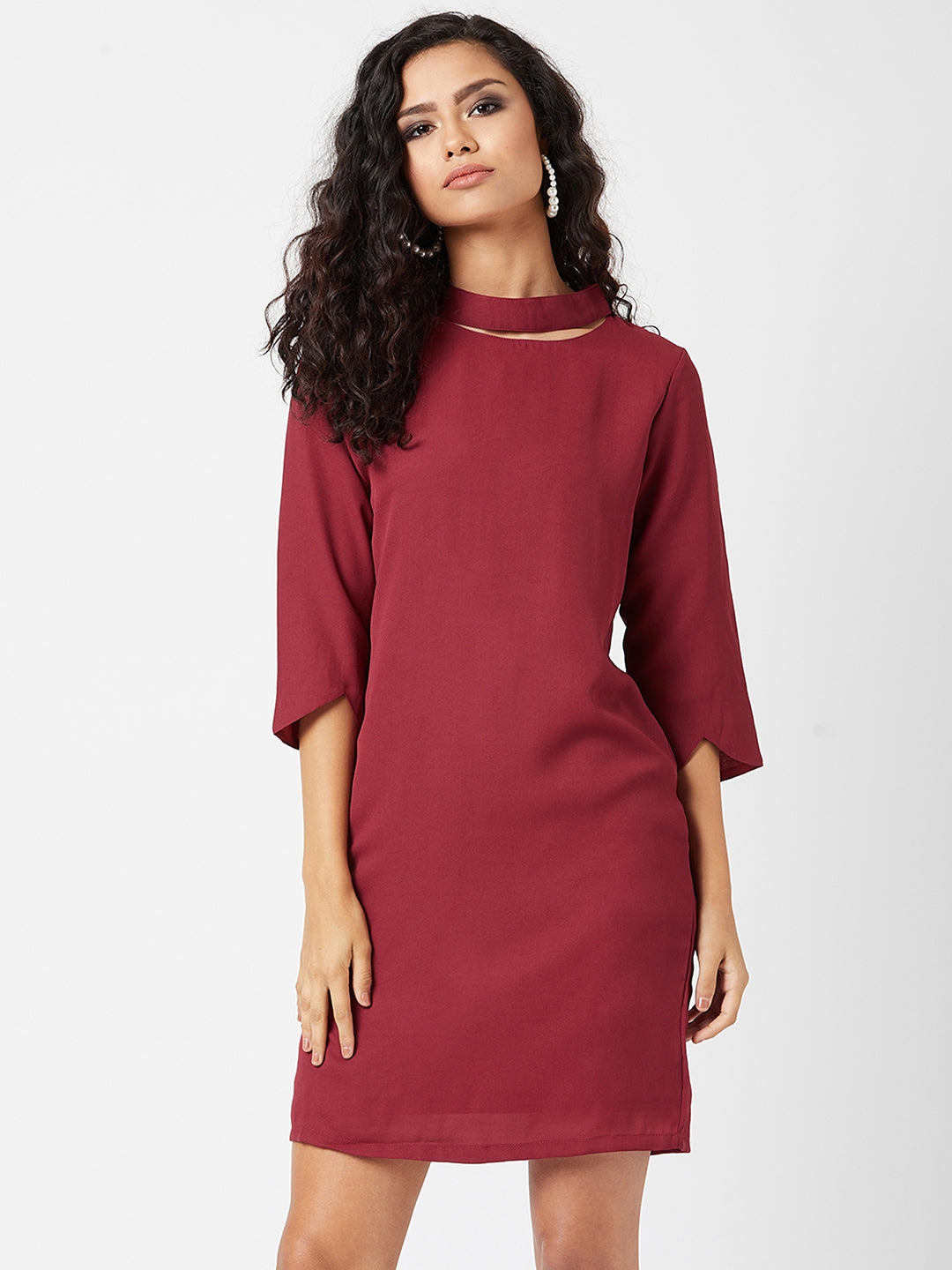 MISS CHASE | Maroon Round Neck 3/4 Sleeve Solid Mini Choker Dress