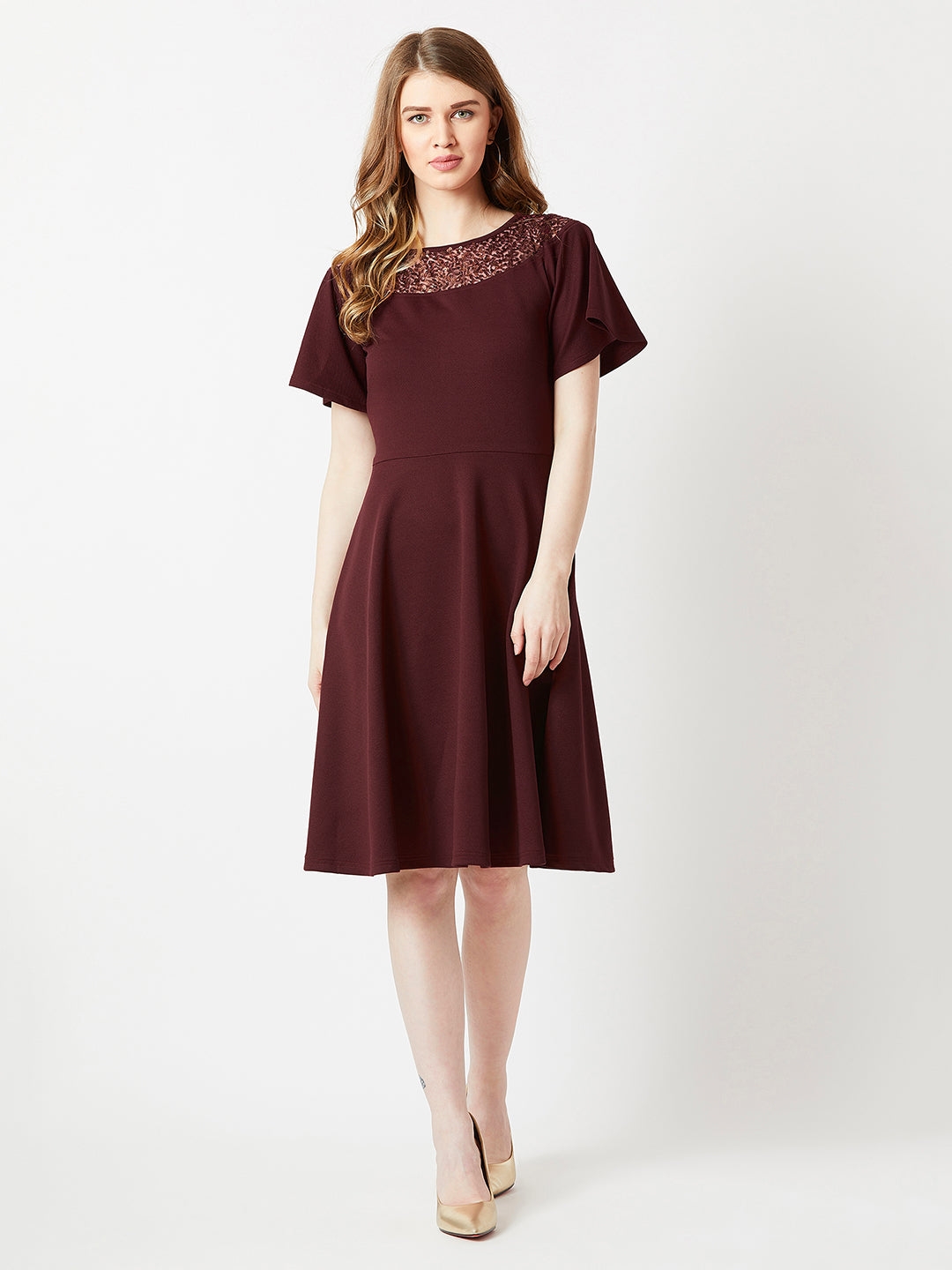 MISS CHASE | Wine Red Round Neck Flared Short Sleeve Solid Skater Knee-Long Lace Dress