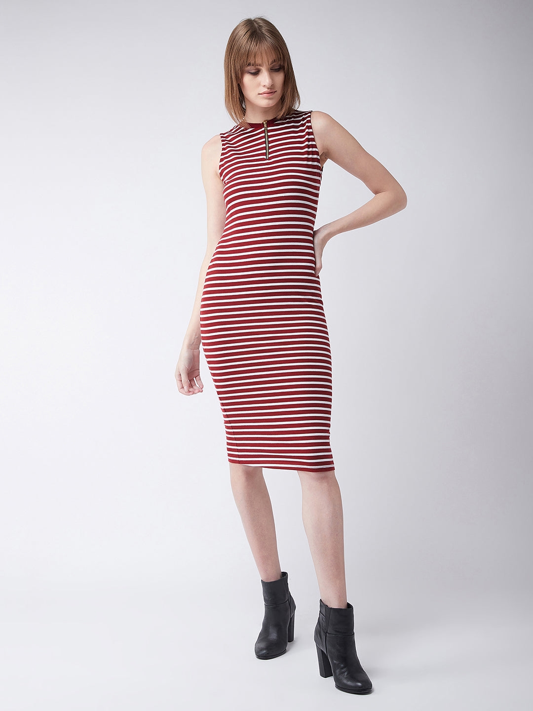 MISS CHASE | Maroon and White Round Neck Sleeveless Striped Bodycon Dress