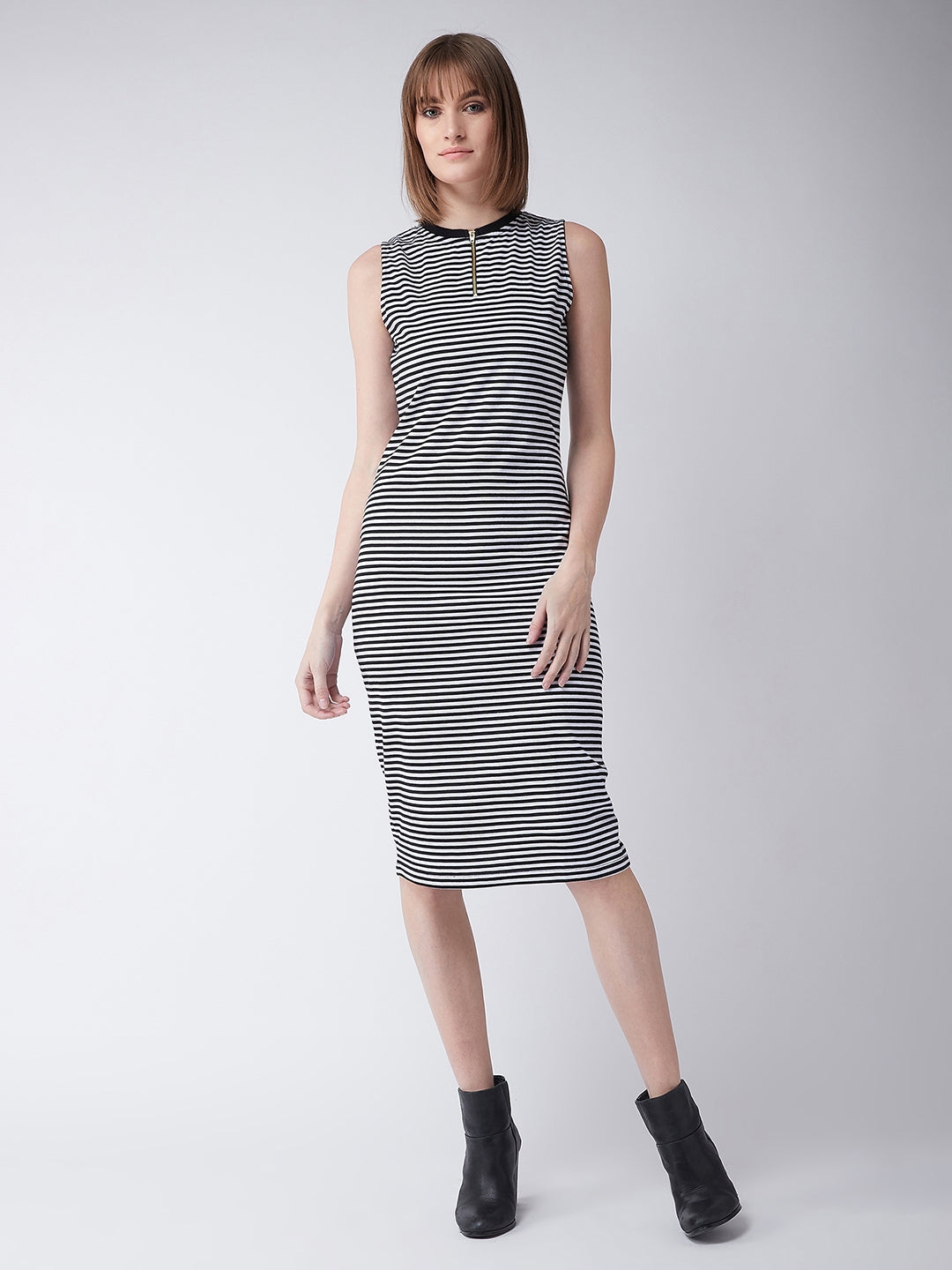 MISS CHASE | Black and White Round Neck Sleeveless Striped Bodycon Dress
