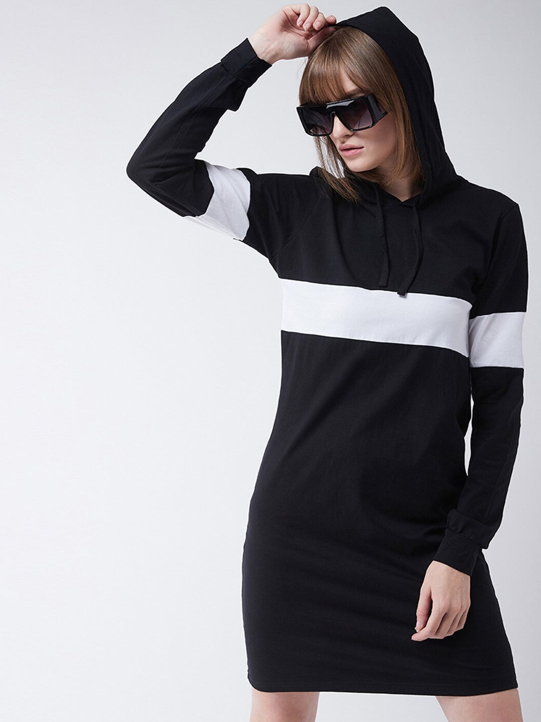 MISS CHASE | Black Round Neck Full Sleeve Solid Knee-Long Hooded Dress