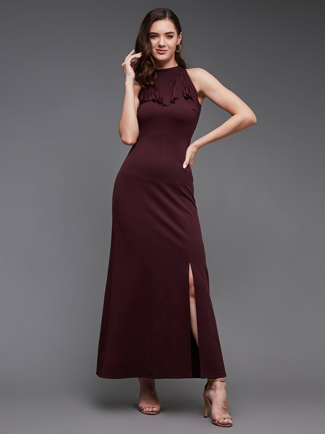 MISS CHASE | Wine Red Fringed Halter Neck Sleeveless Solid Maxi Front Slit Dress