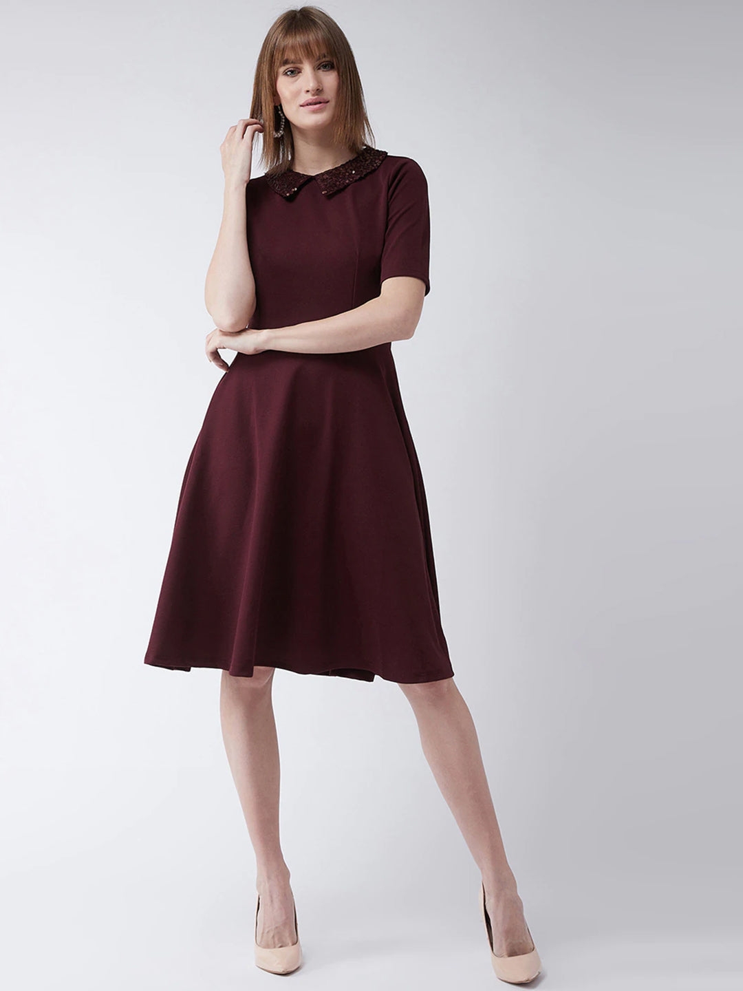 MISS CHASE | Wine Red Collared Round Neck Half Sleeve Solid Knee-Long Skater Dress