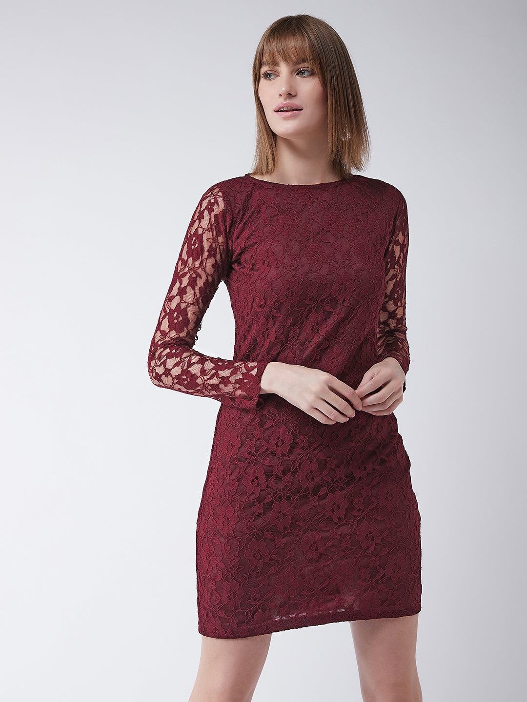 MISS CHASE | Maroon Round Neck Full Sleeves Bodycon Dress