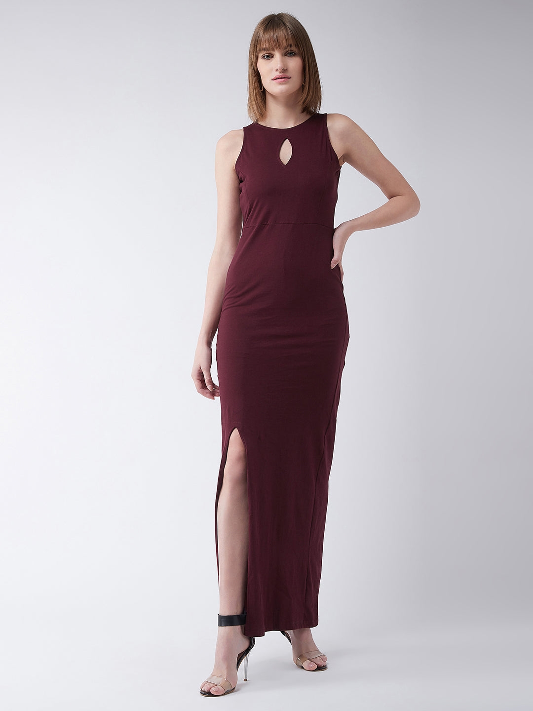 MISS CHASE | Maroon Round Neck Sleeveless Cutout Front Slit Bodycon Maxi Dress