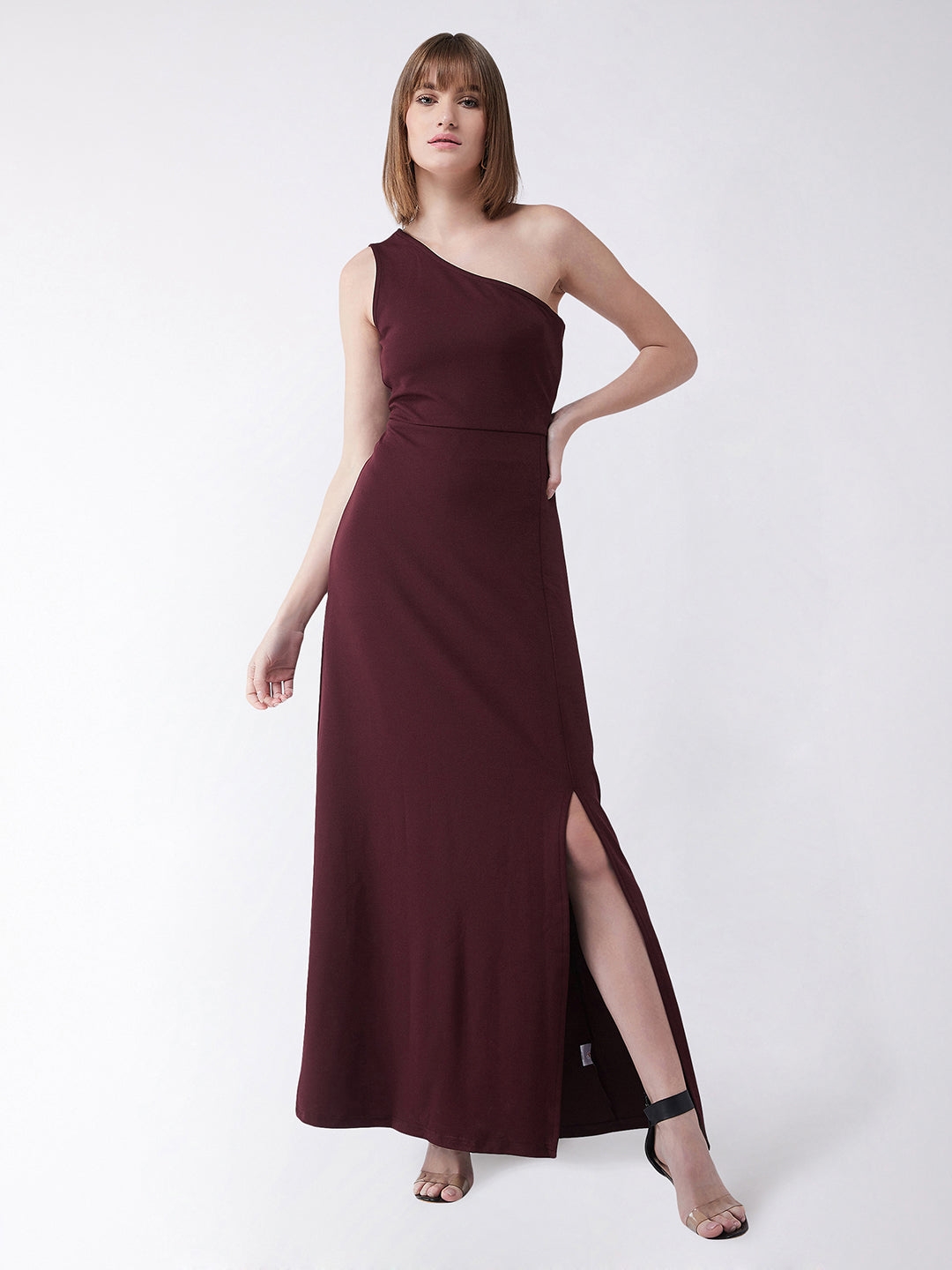 MISS CHASE | Wine Red One-Shoulder Sleeveless Solid Side Slit Maxi Dress