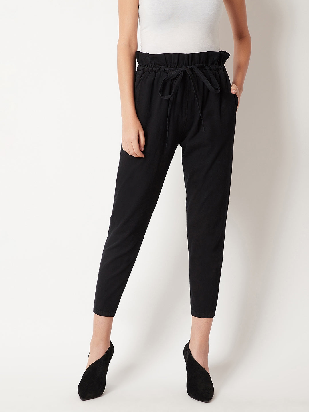 MISS CHASE | Black Pleated Front High Rise Clean Look Ankle length Stretchable Denim Paper Bag Pants