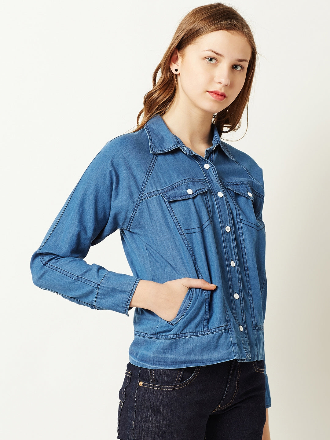 Blue Collared Polo Neck Full Sleeve Solid Buttoned Denim Bomber Jacket
