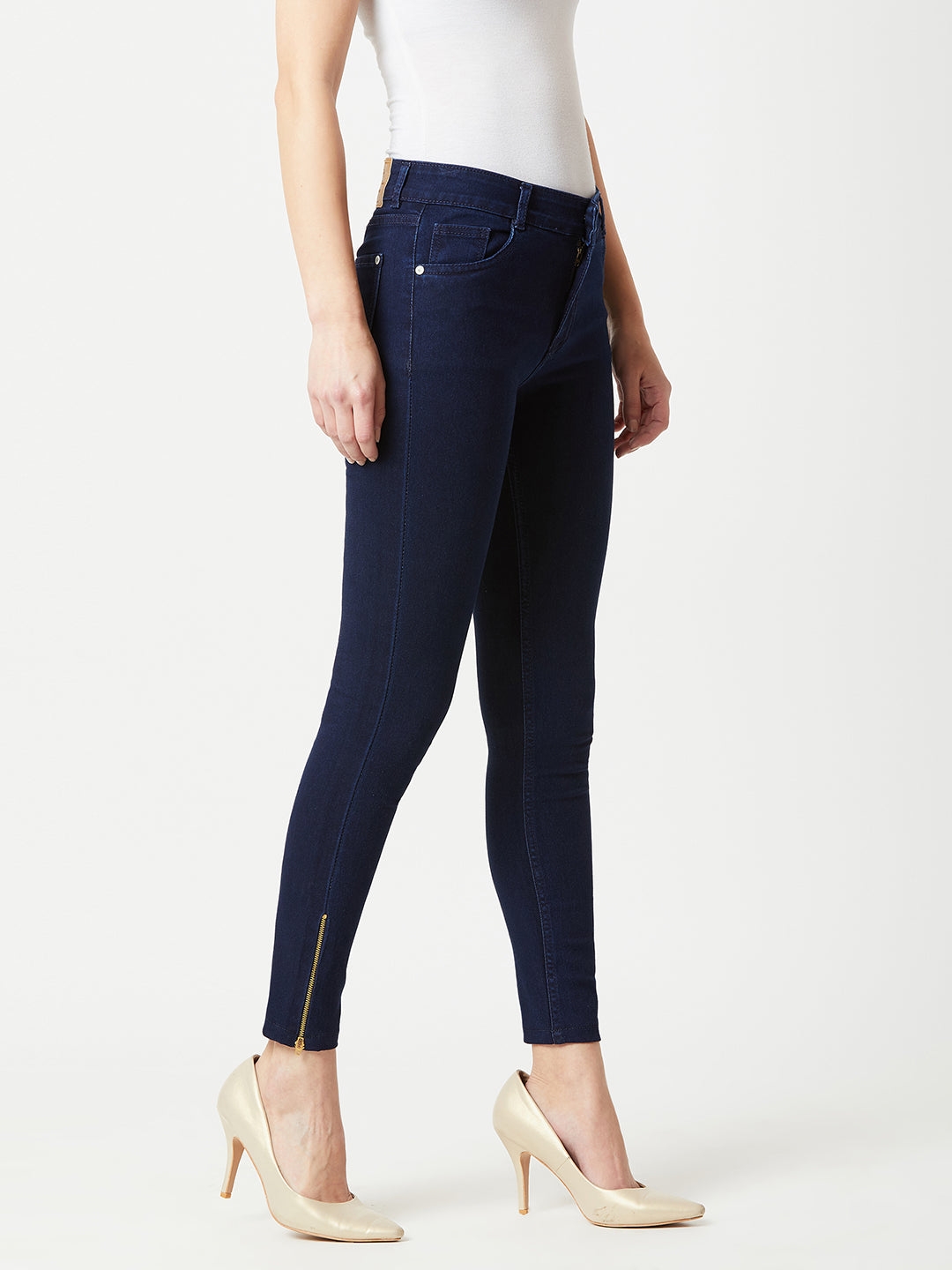 Navy Blue Skinny Fit Mid Rise Cropped Length Zipper Detailing Denim Stretchable Jeans