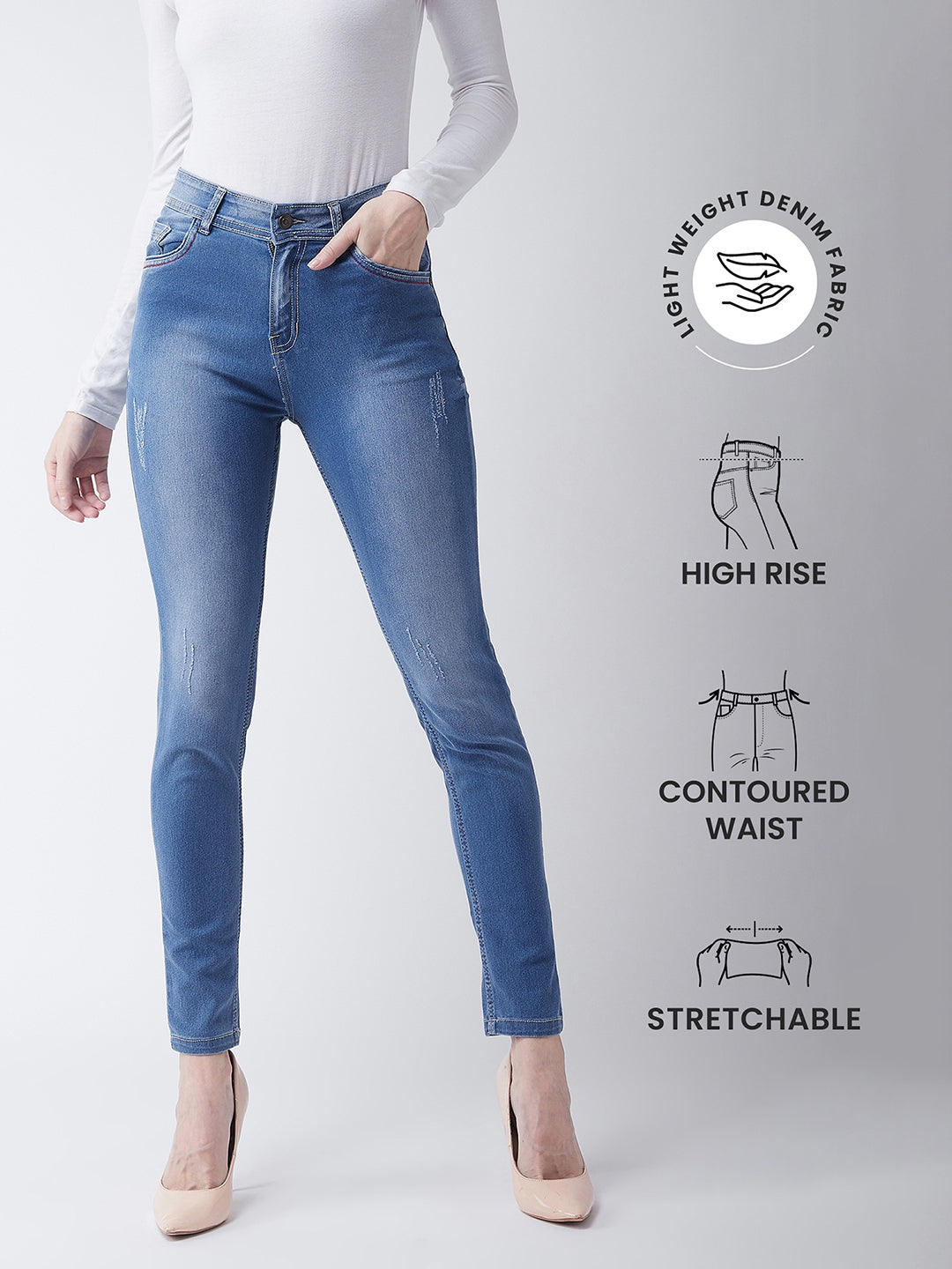 Blue Skinny Fit High Rise Regular Length Denim Stretchable Jeans