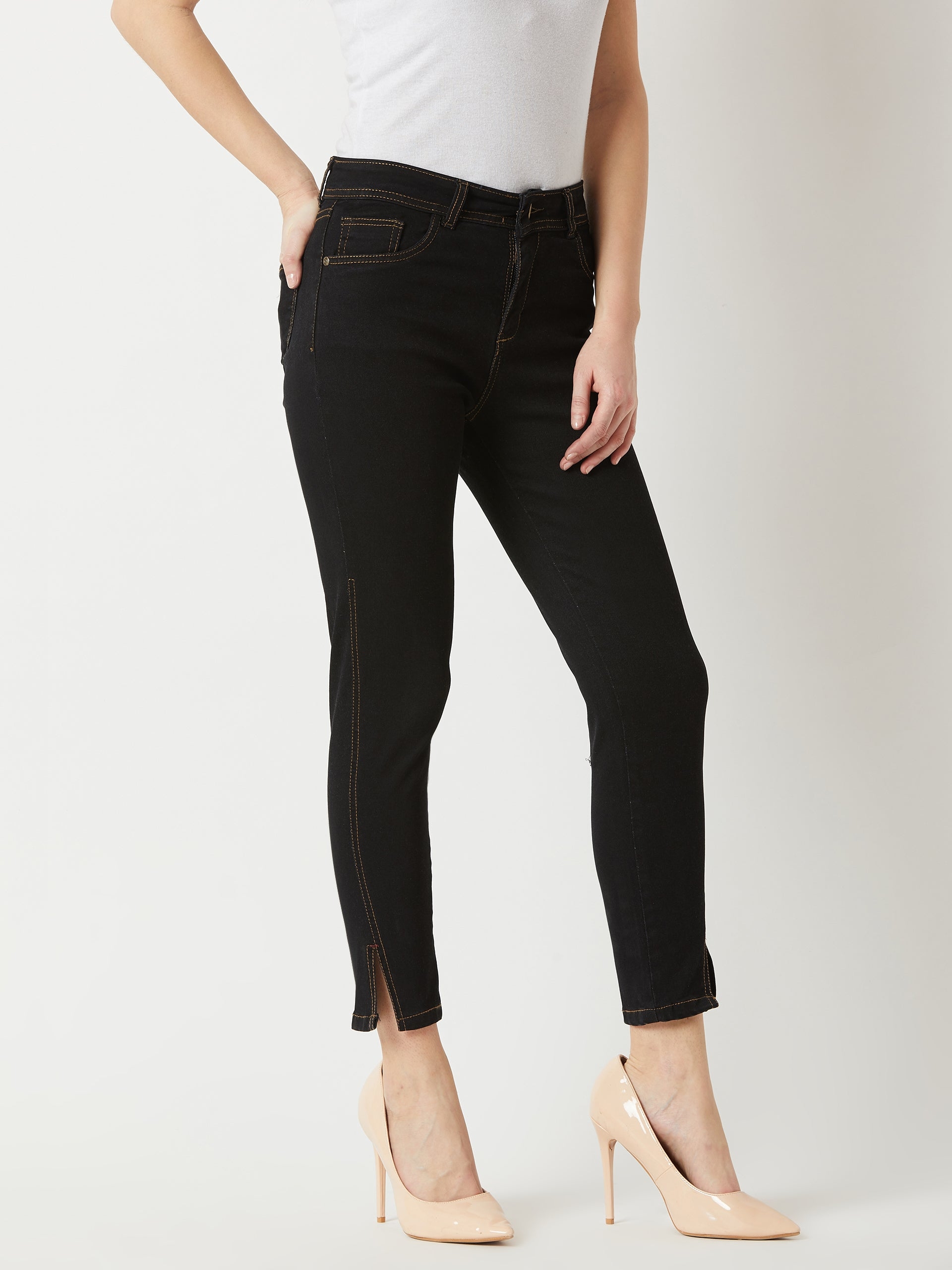 MISS CHASE | Black Skinny High Rise Side Slit Solid Ankle Length Stretchable Denim Jeans