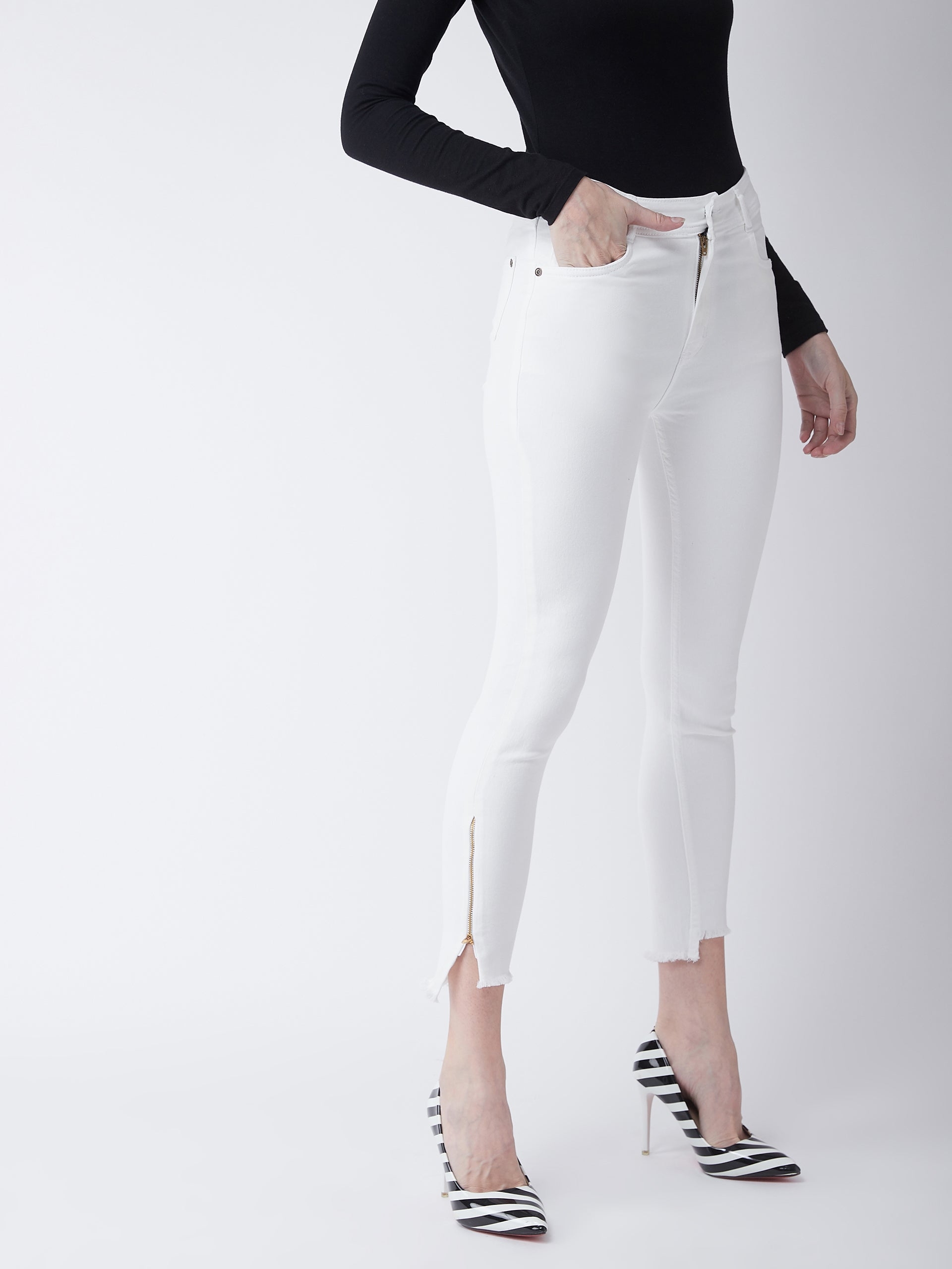 MISS CHASE | White Skinny Fit High Rise Side Slit Raw Edge Detailing Clean Look Cropped Stretchable Denim Jeans