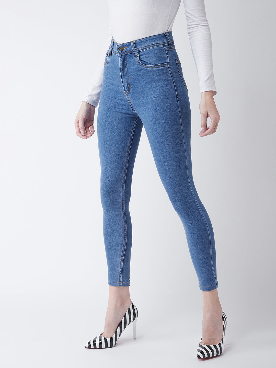 MISS CHASE | Blue Skinny High-Rise Distressed Cropped Denim Jeans