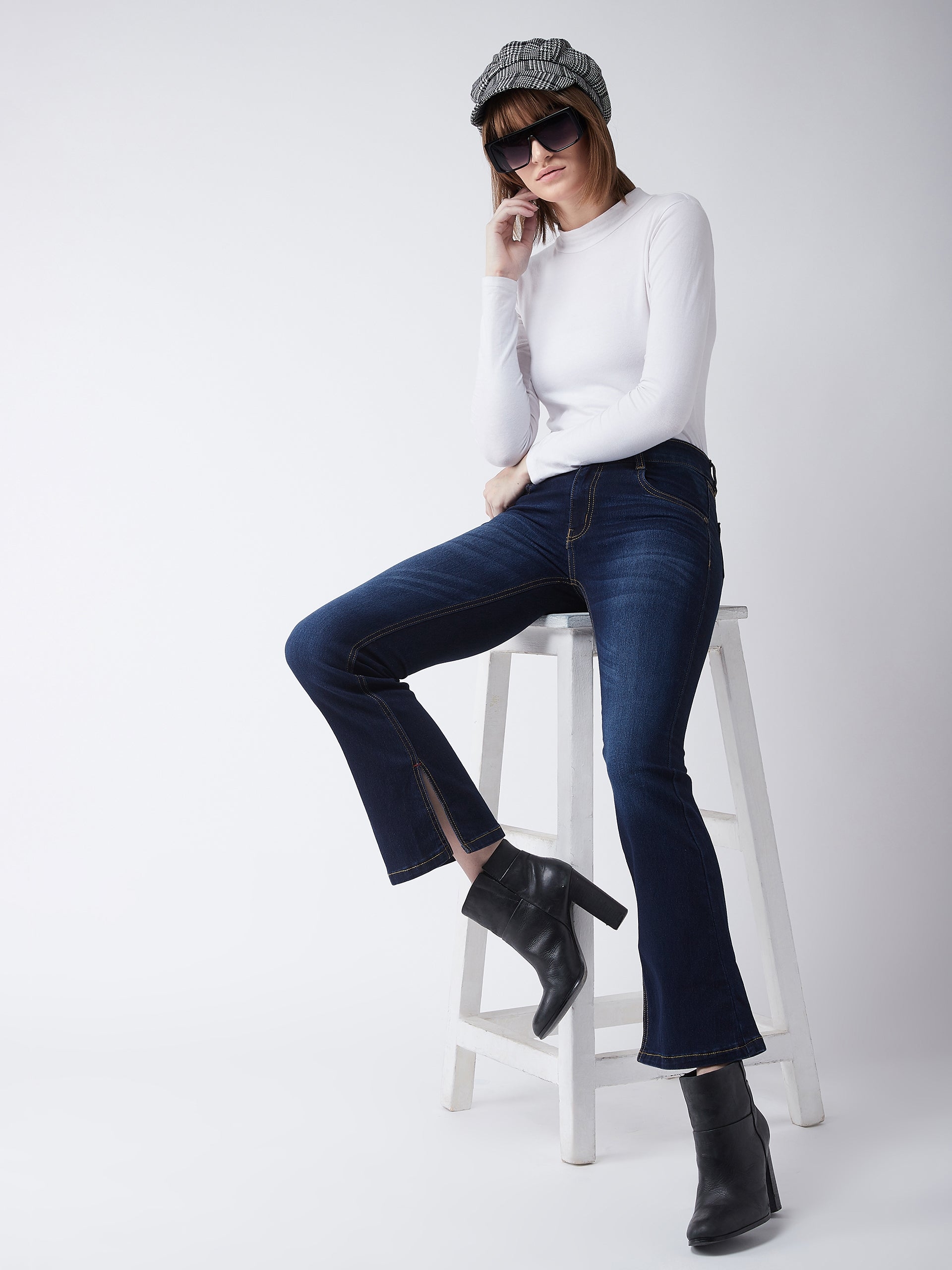 MISS CHASE | Blue Bootcut Mid Rise Regular Length Denim Stretchable Jeans
