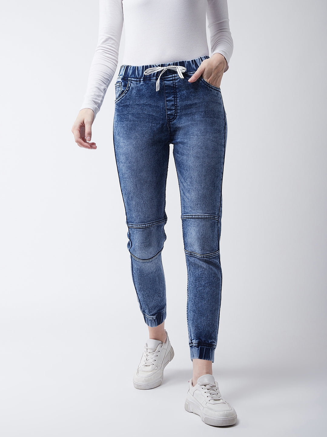 Blue Relaxed Fit Mid Rise Regular Length Denim Stretchable Jogger Pants