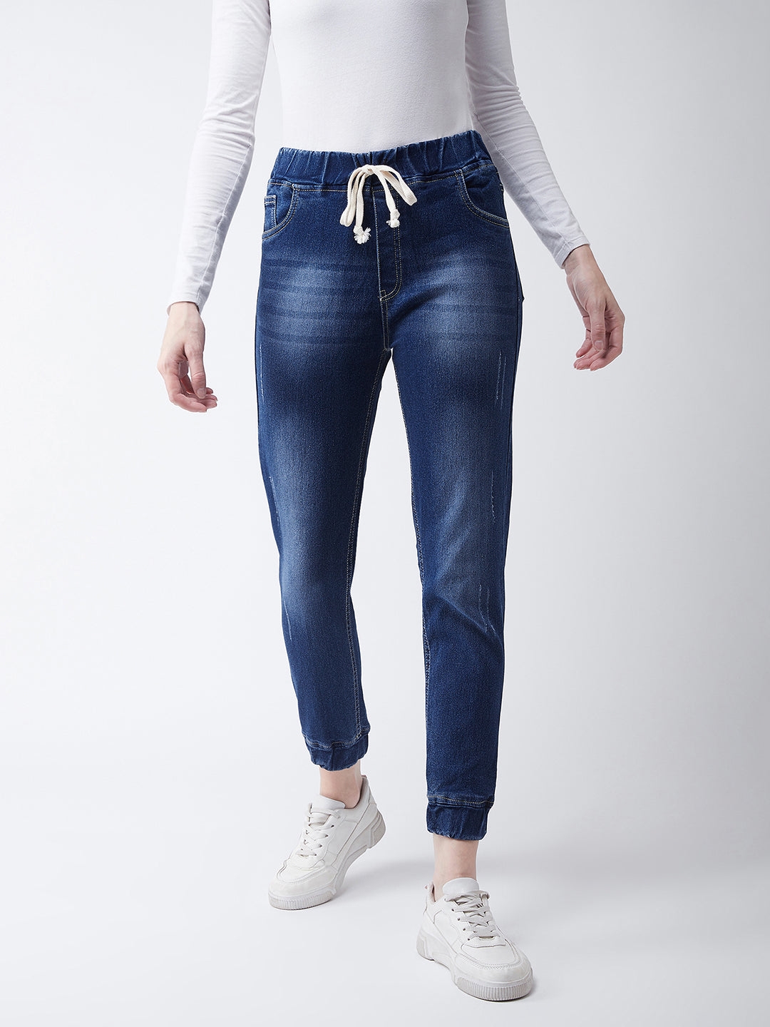 MISS CHASE | Navy Blue Relaxed Fit Mid Rise Regular Length Scraped Denim Stretchable Jogger Pants