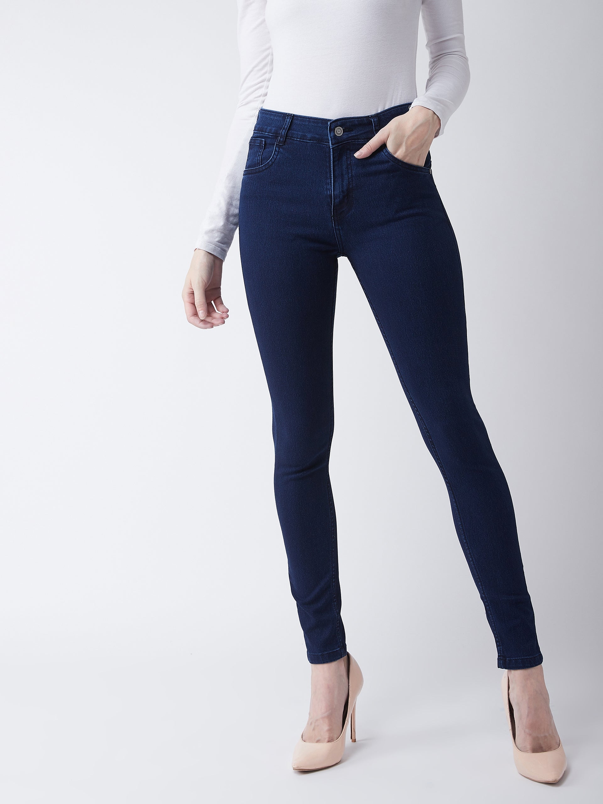MISS CHASE | Navy Blue Skinny Fit Mid Rise Regular Length Denim Stretchable Jeans