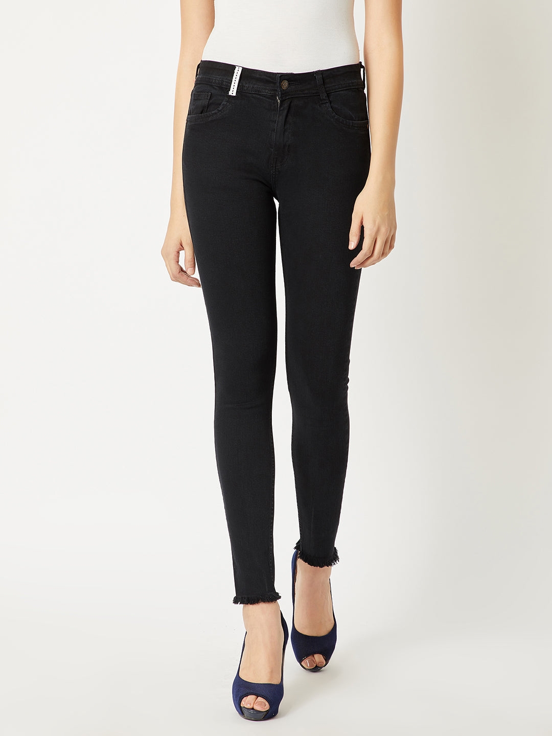 MISS CHASE | Black Slim Fit High Rise Regular Length Twill Tape Detailing Stretchable Denim Jeans