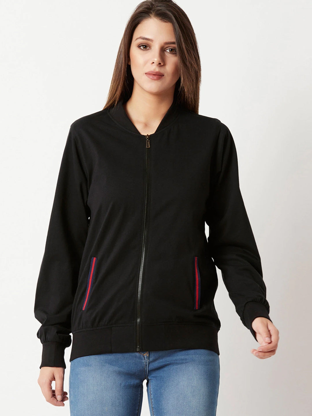MISS CHASE | Black Round Neck Full Sleeve Cotton Solid Multicolored Twill Tape Detailing Bomber Jacket