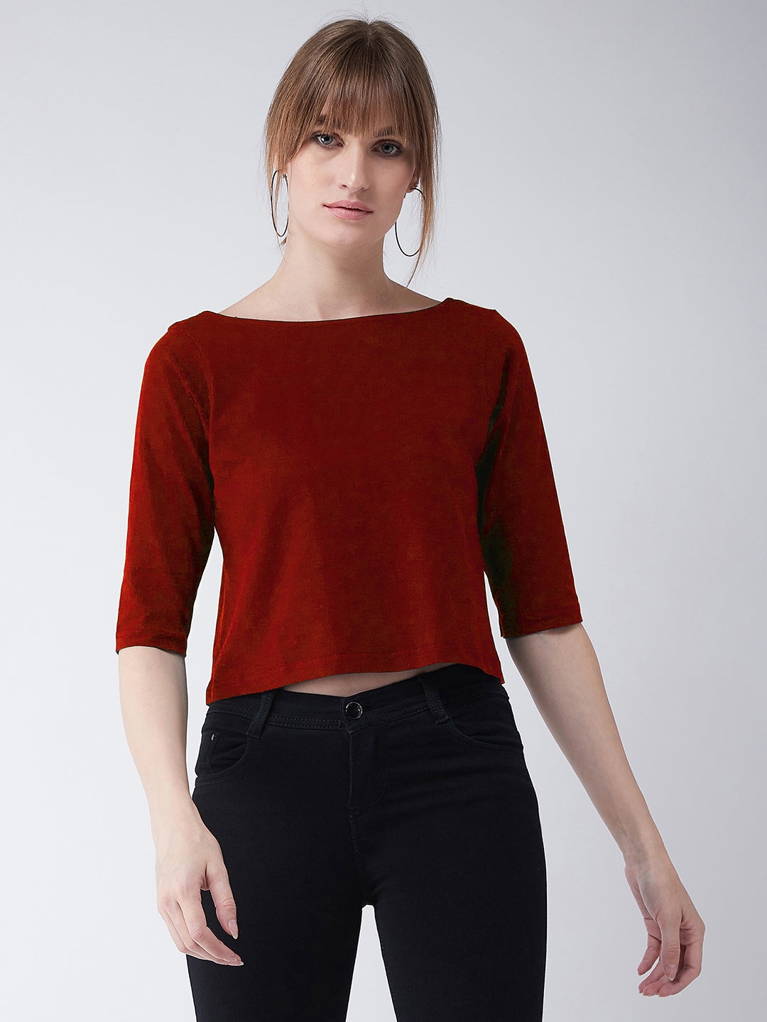 MISS CHASE | Maroon Boat Neck Half Sleeves Low Back Buttoned Crop Top