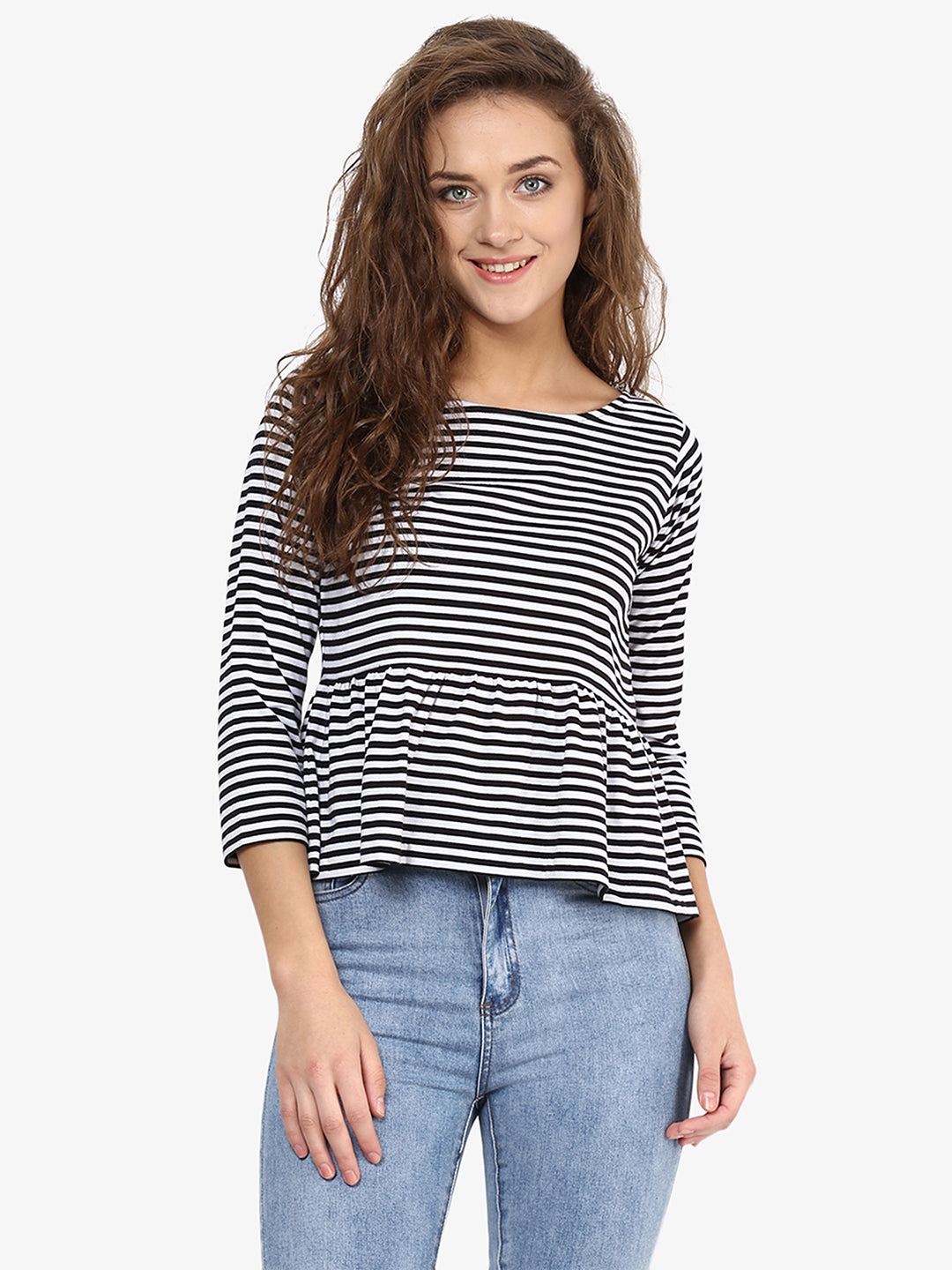 MISS CHASE | Black and White Round Neck 3/4 Sleeve Monochrome Striped Peplum Top