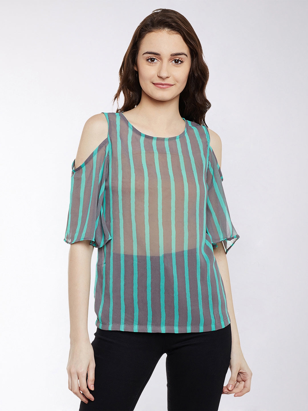 MISS CHASE | Grey and Mint Striped Round Neck Half Sleeve Sheer Cold Shoulder Top