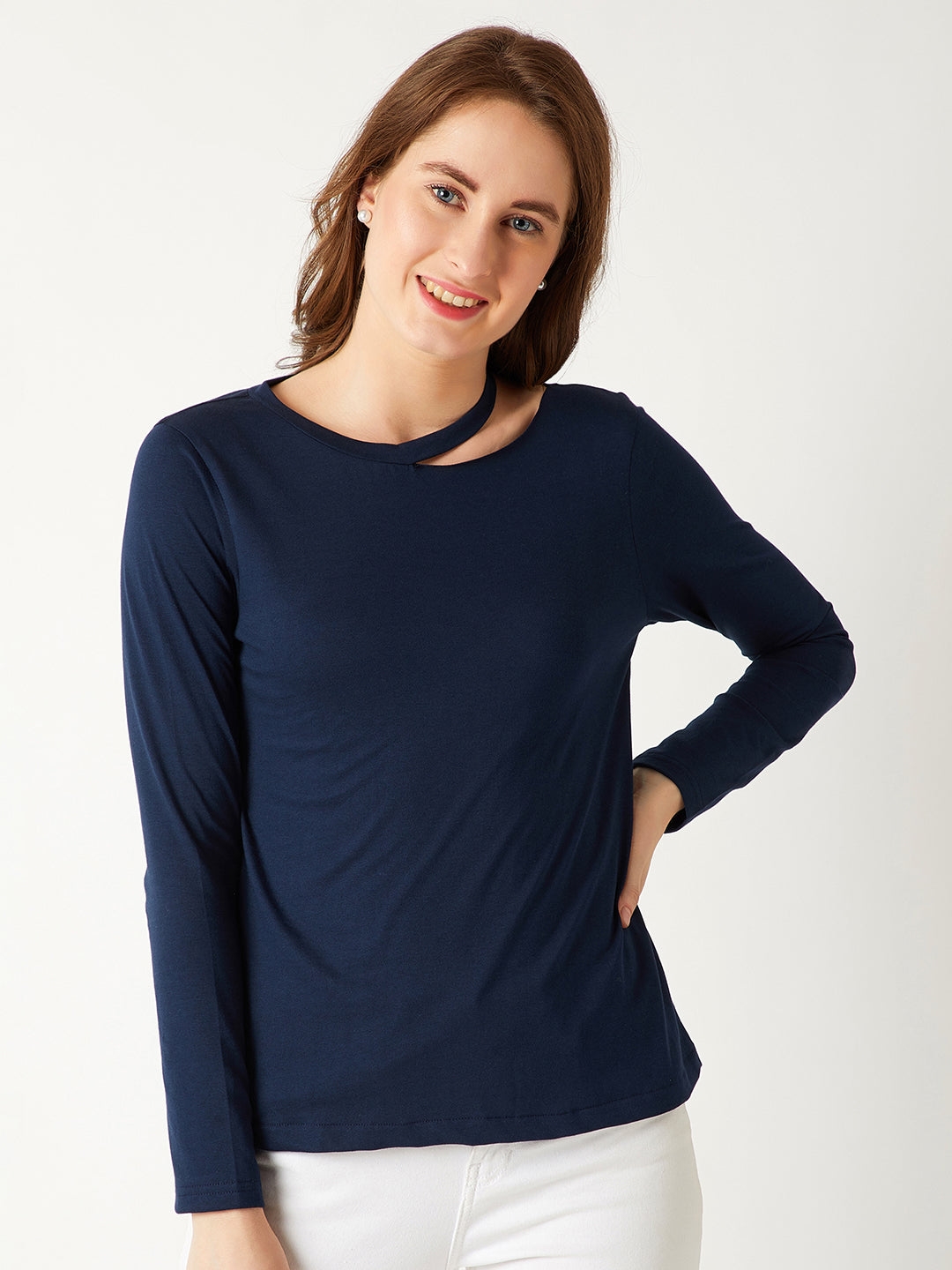 Navy Blue Round Neck Full sleeve Cotton Solid Cut-Out Slit Shoulder Top