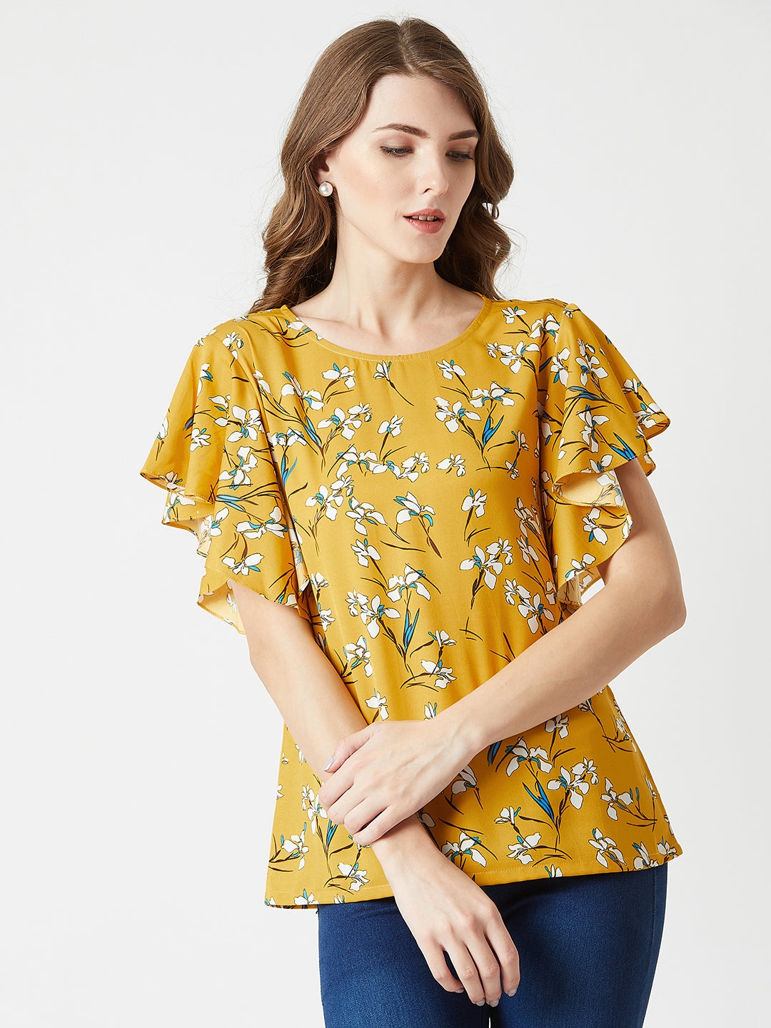 MISS CHASE | Multicolor Round Neck Short Sleeve Floral Ruffled Regular Top