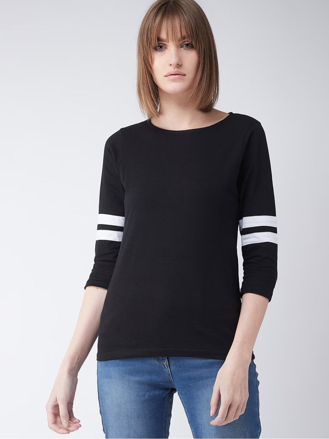 Black Round Neck 3/4 Sleeves Solid Basic Top