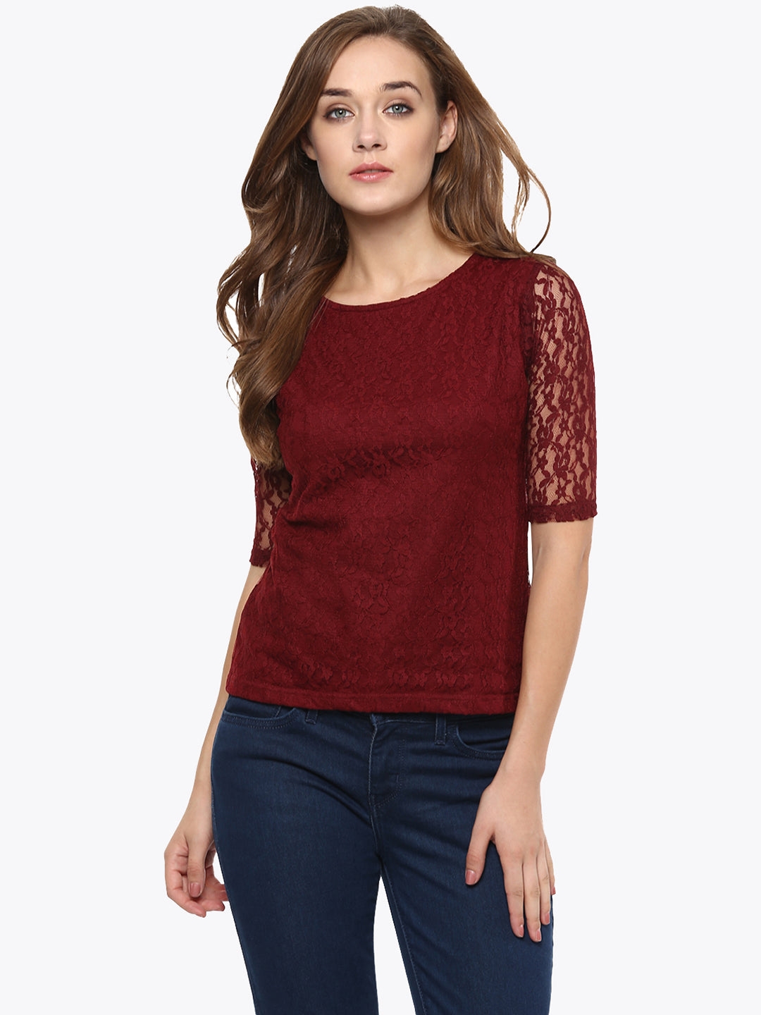 MISS CHASE | Maroon Round Neck Half Sleeves Basic Lace Crop Top