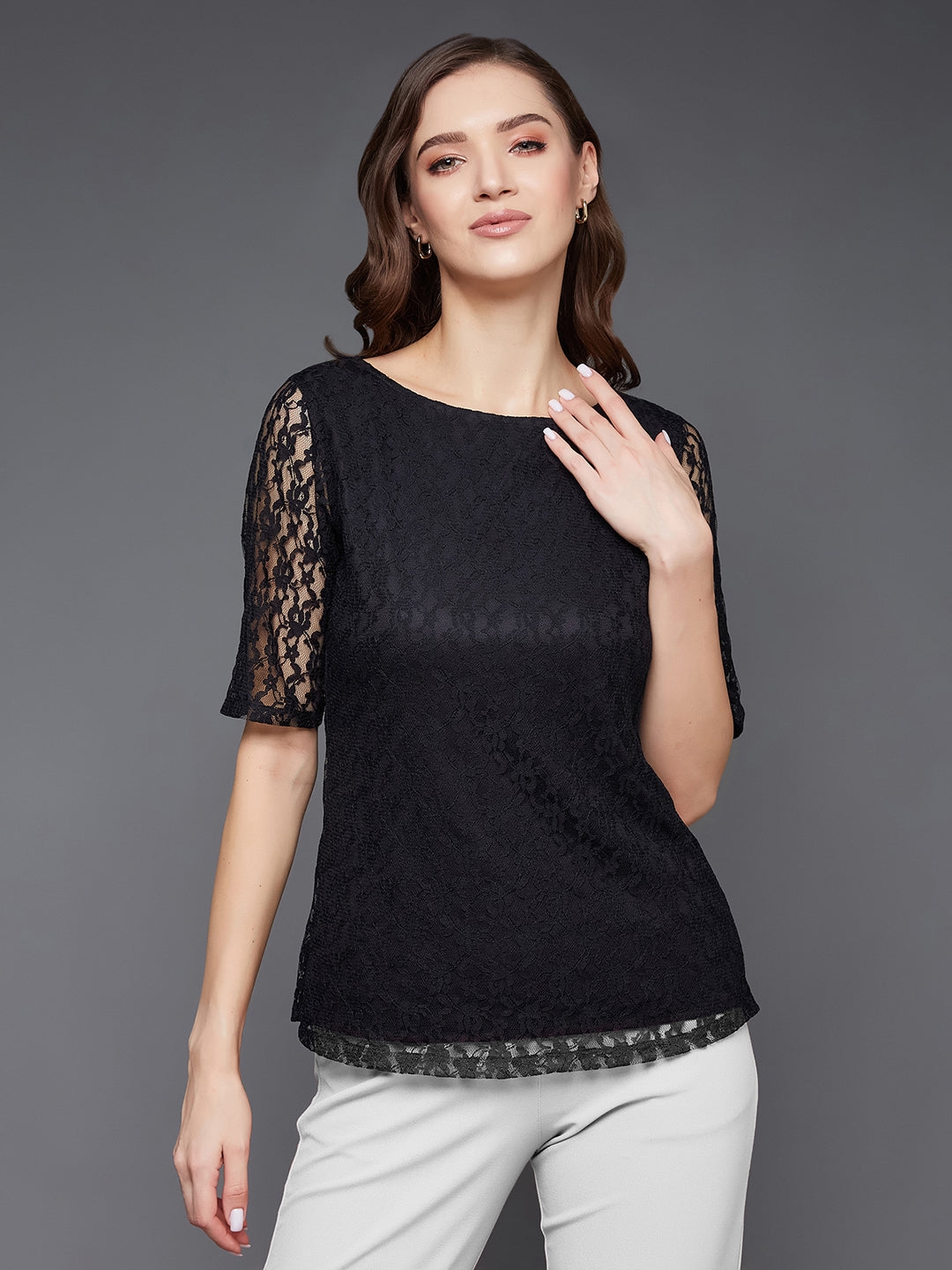 MISS CHASE | Black Round Neck Half Sleeves Basic Lace Crop Top