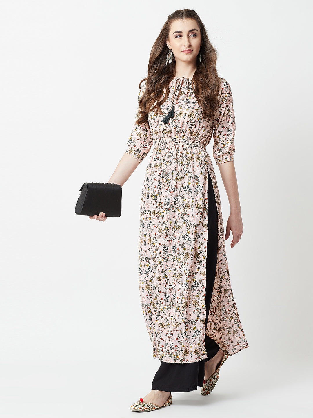 Multicolored Round Neck 3/4 Sleeve Floral Tie-Up Tassel Detailing Front Slit Maxi Top