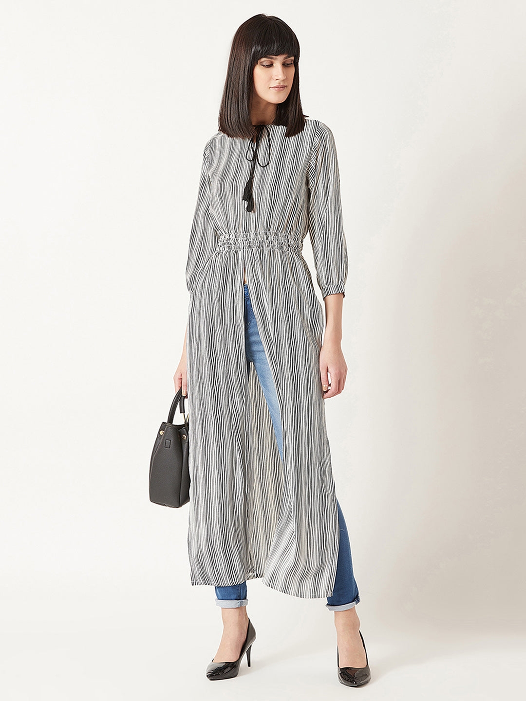 MISS CHASE | Black & White Round Neck 3/4 Sleeve Striped Tassel Tie-Up Detailing Maxi Top