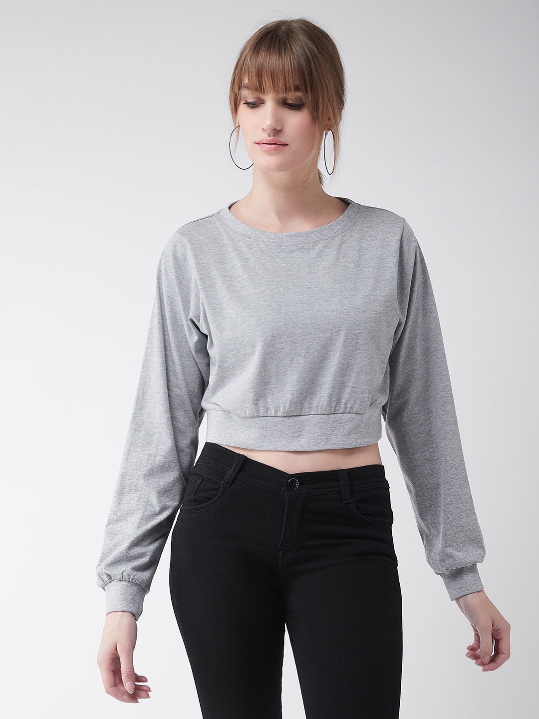 Grey Round Neck Full Sleeves Solid Crop Top